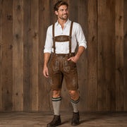 Men’s Traditional Brown Suede Leather Lederhosen Shorts with Embroidered Suspenders, Bavarian Oktoberfest German Beer Festival Outfit
