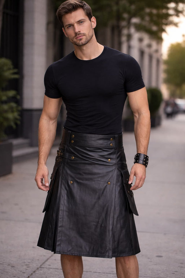 Men’s Black Genuine Leather Utility Kilt – Gothic Cargo Festival Kilt with Buckle Straps