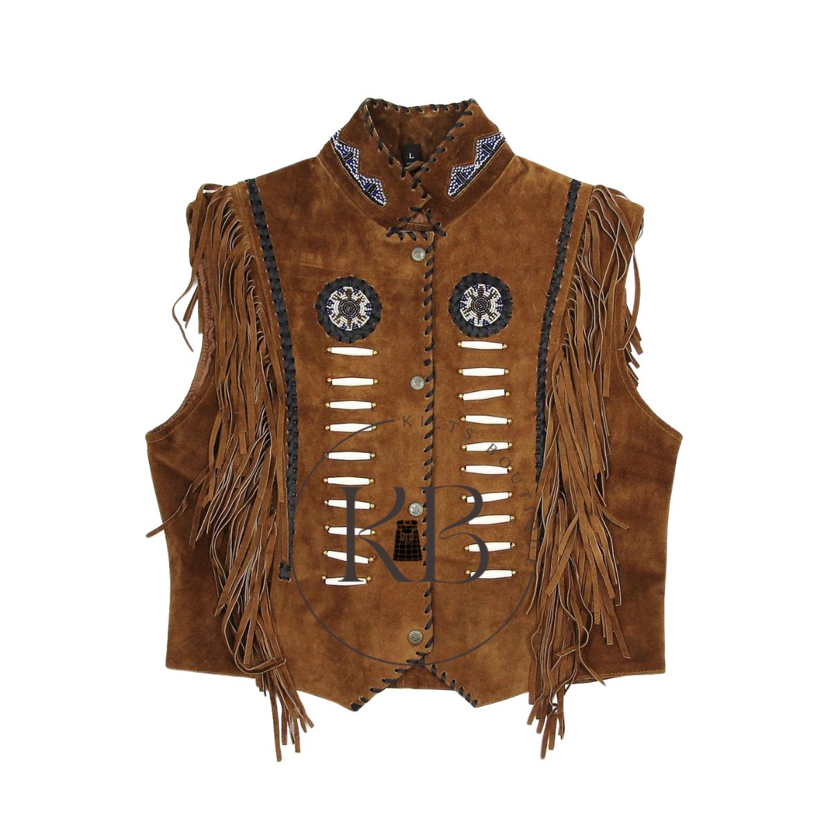 Men's Western Black Suede Leather Cowboy Vest with Native American Beaded Design & Fringe Trim