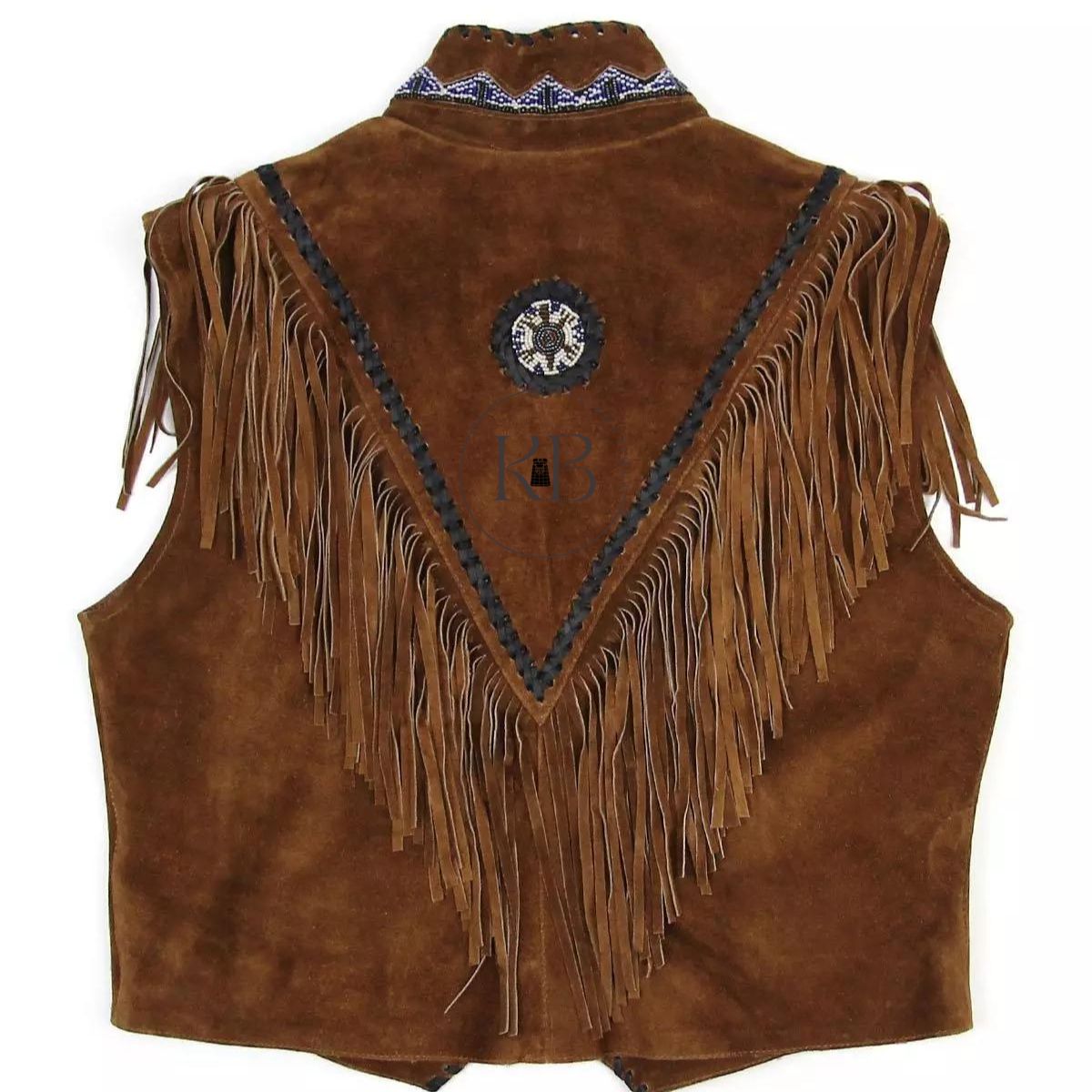 Men's Western Black Suede Leather Cowboy Vest with Native American Beaded Design & Fringe Trim