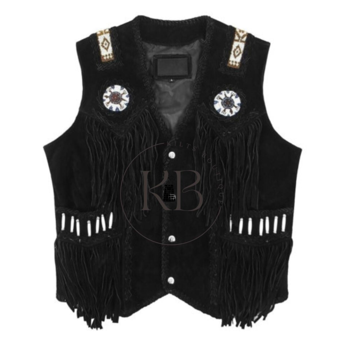 Men's Western Black Suede Leather Cowboy Vest with Native American Beaded Design & Fringe Trim