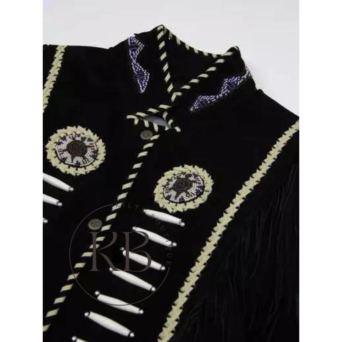 Men's Western Black Suede Leather Cowboy Vest with Native American Beaded Design & Fringe Trim