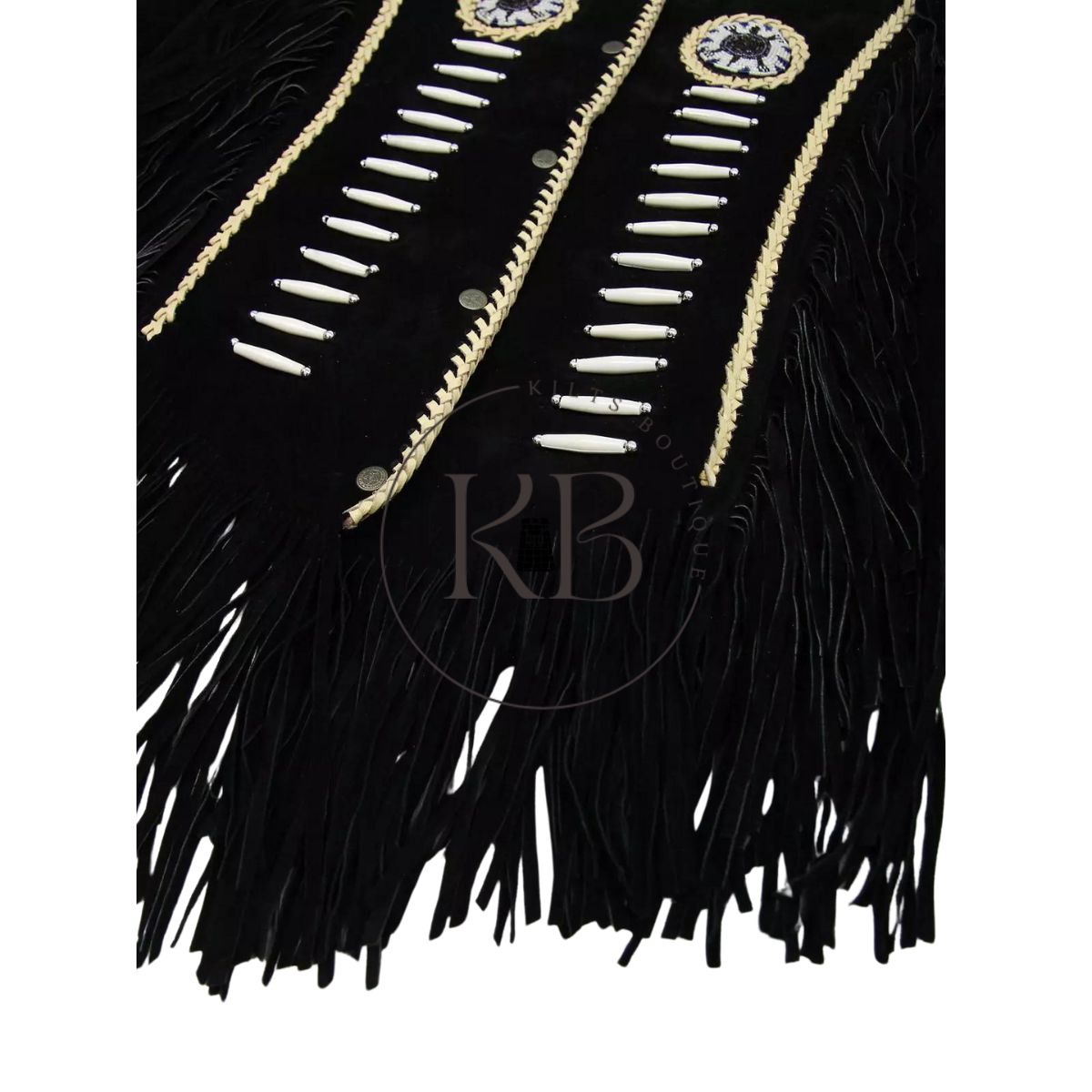 Men's Western Black Suede Leather Cowboy Vest with Native American Beaded Design & Fringe Trim