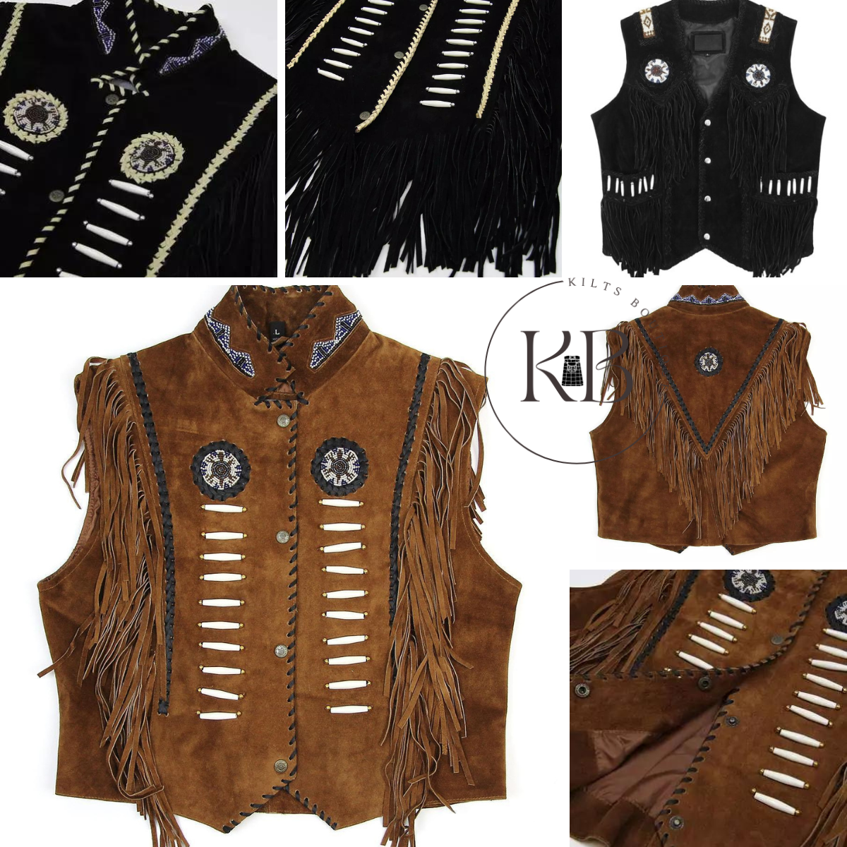 Men's Western Black Suede Leather Cowboy Vest with Native American Beaded Design & Fringe Trim