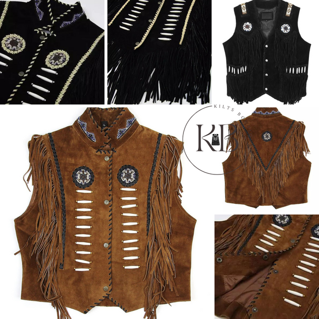 Men's Western Black Suede Leather Cowboy Vest with Native American Beaded Design & Fringe Trim