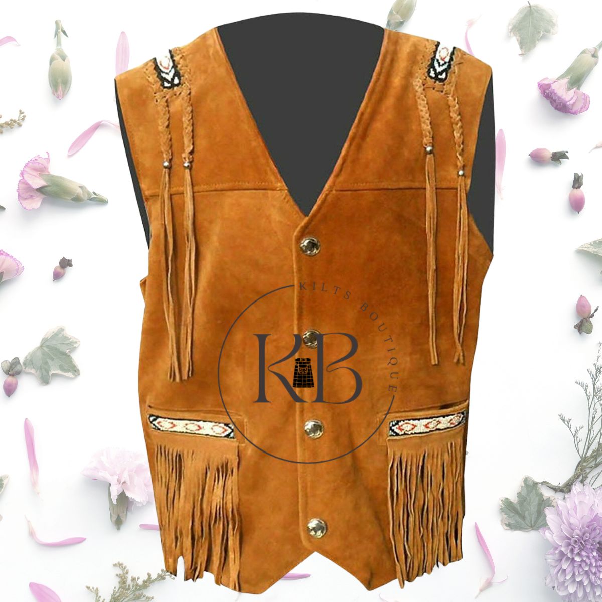 Men's Western Wear Brown/Black Suede Leather Cowboy Vest with Beaded Design, Fringe, and Bone Accents