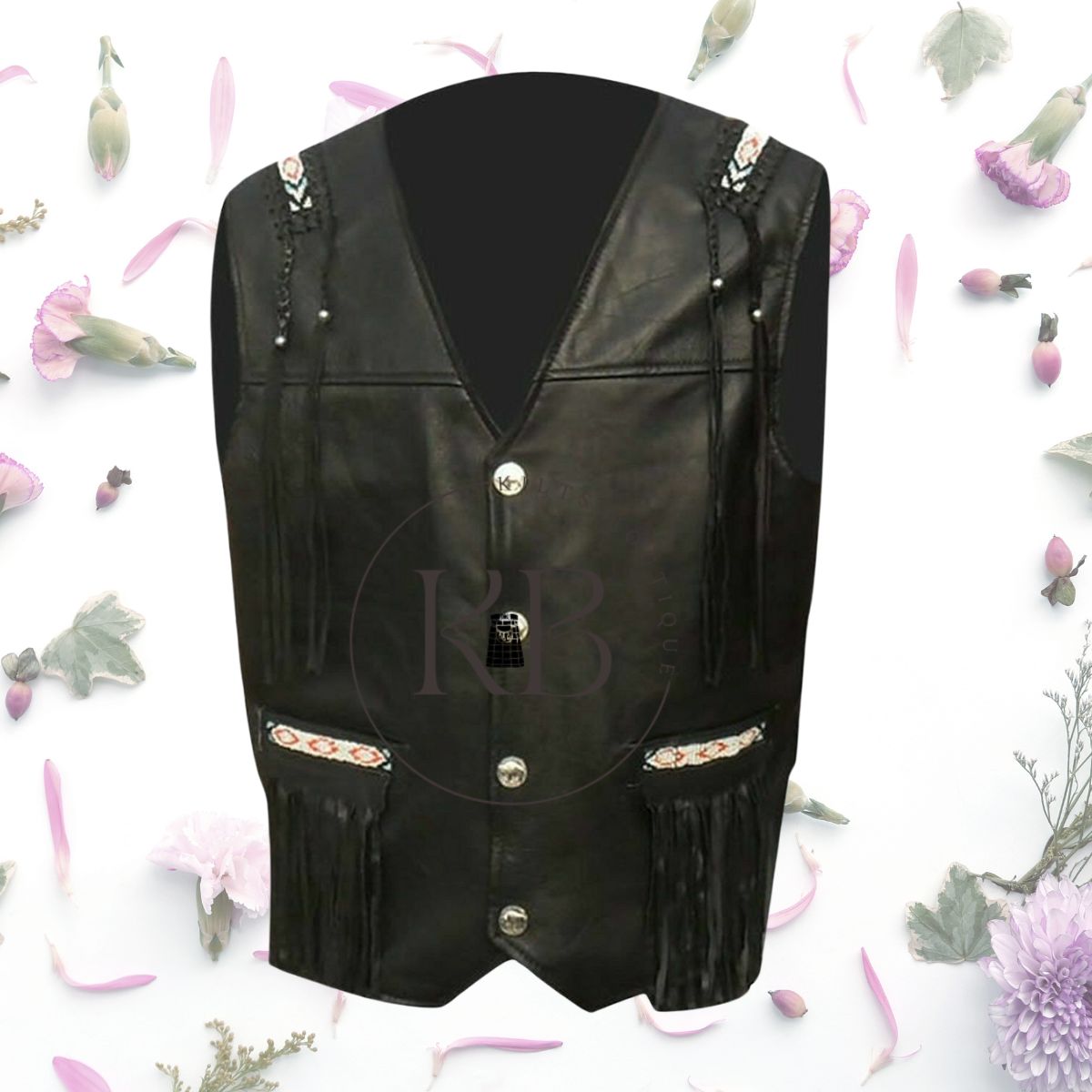 Men's Western Wear Brown/Black Suede Leather Cowboy Vest with Beaded Design, Fringe, and Bone Accents