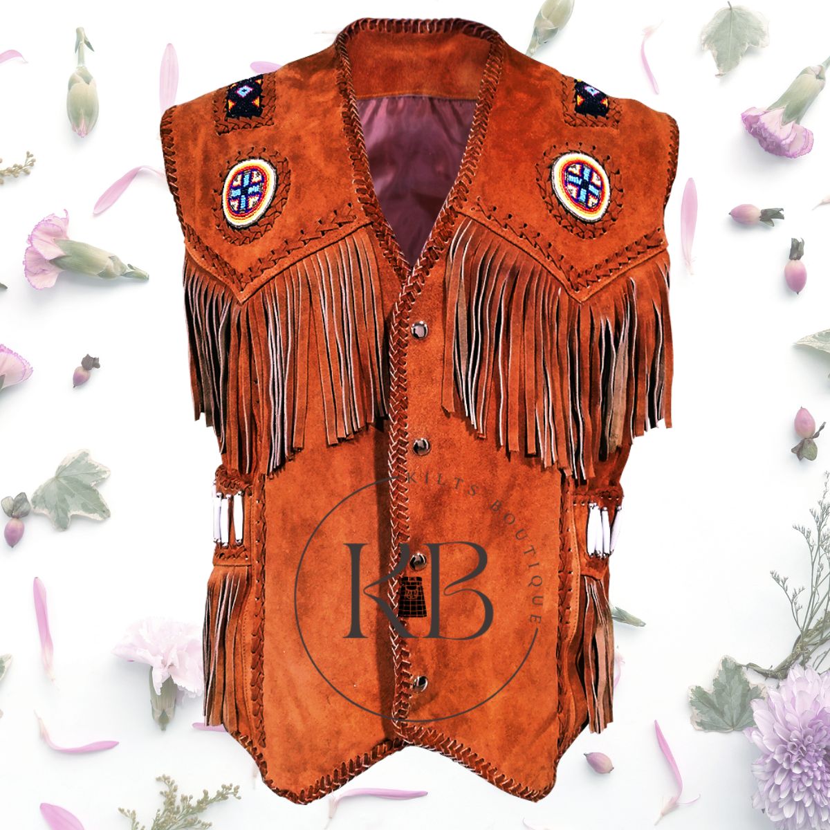 Men's Western Wear Cognac Suede Leather Beaded Vest with Fringe & Bone Accents