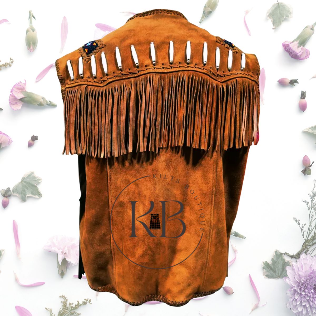 Men's Western Wear Cognac Suede Leather Beaded Vest with Fringe & Bone Accents