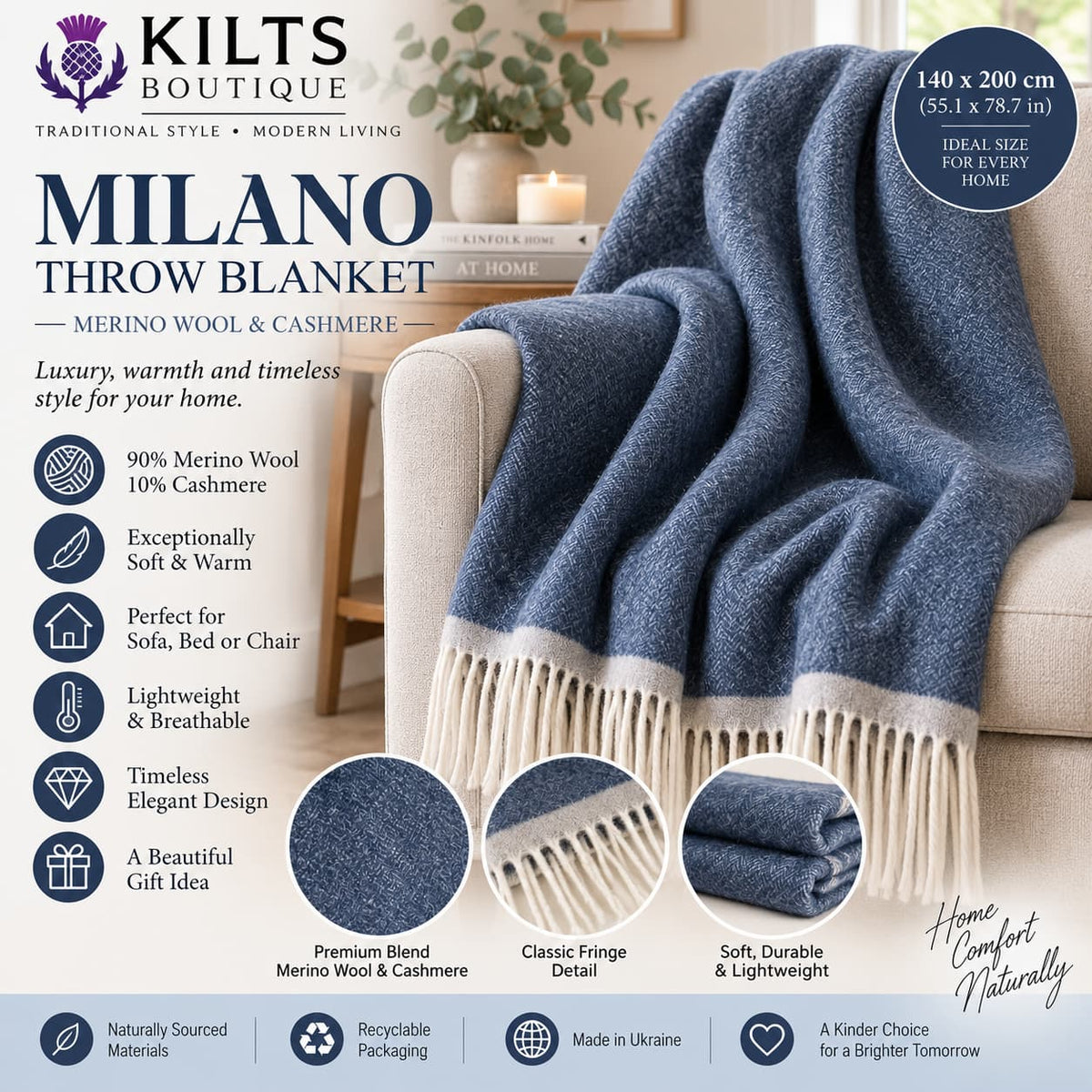 Milano Blue Merino Wool & Cashmere Throw Blanket