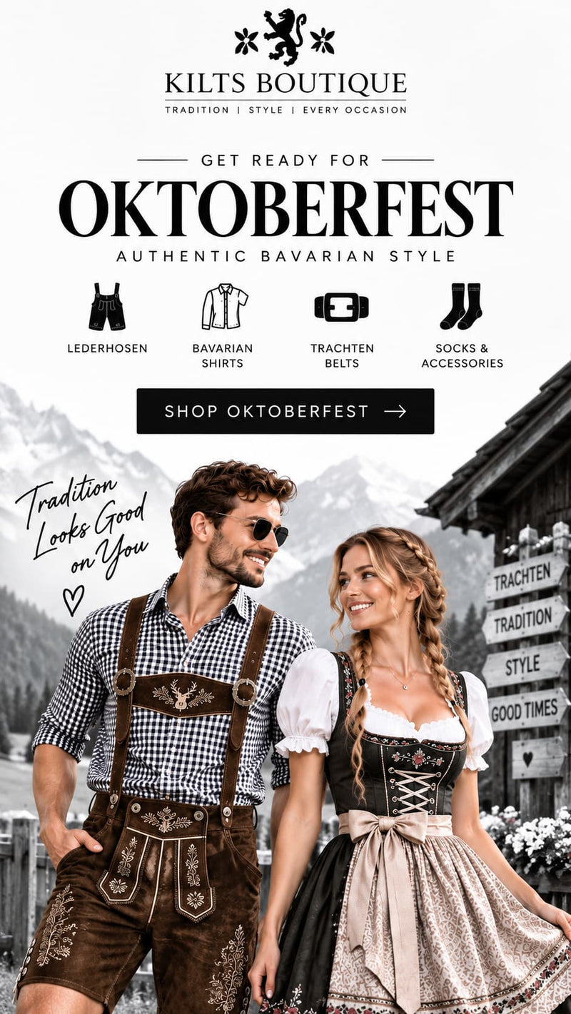 Kilts Boutique Oktoberfest collection featuring traditional lederhosen, Bavarian shirts and dirndl outfits