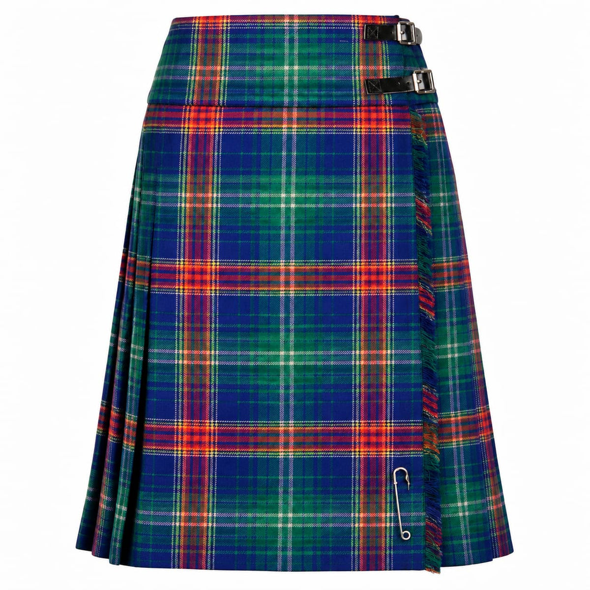 A pleated kilt featuring a vibrant blue, green, and red tartan plaid pattern, with a black belt and silver buckle at the waist and a silver safety pin closure near the hem.
