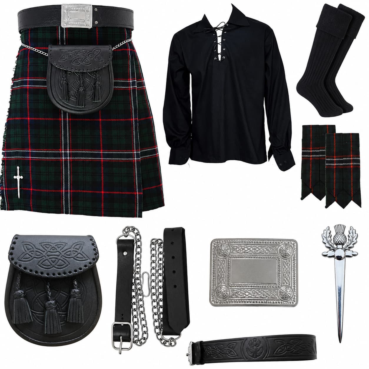 National Scottish Tartan  Traditional Highland Dress Tartan Kilt Outfit – 9 Pieces