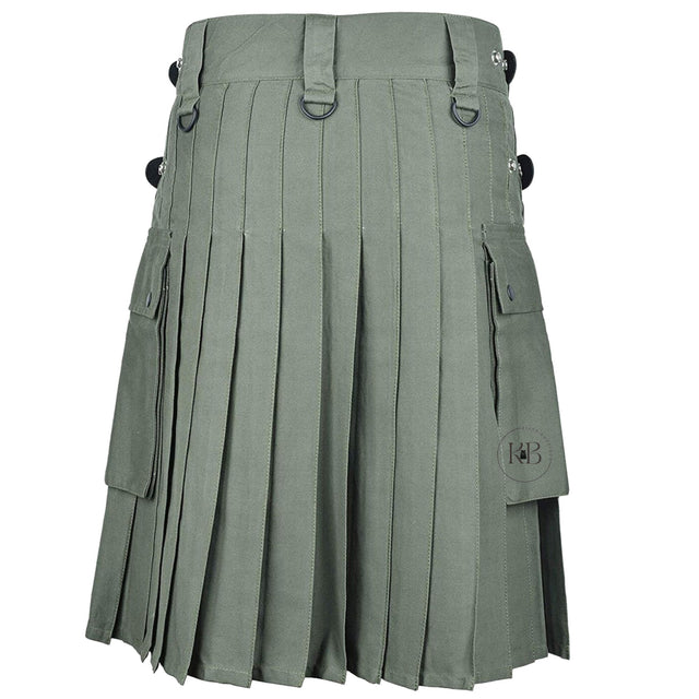 Men's Premium Quality Handmade Olive Green Cotton Utility Kilt Cargo Pockets
