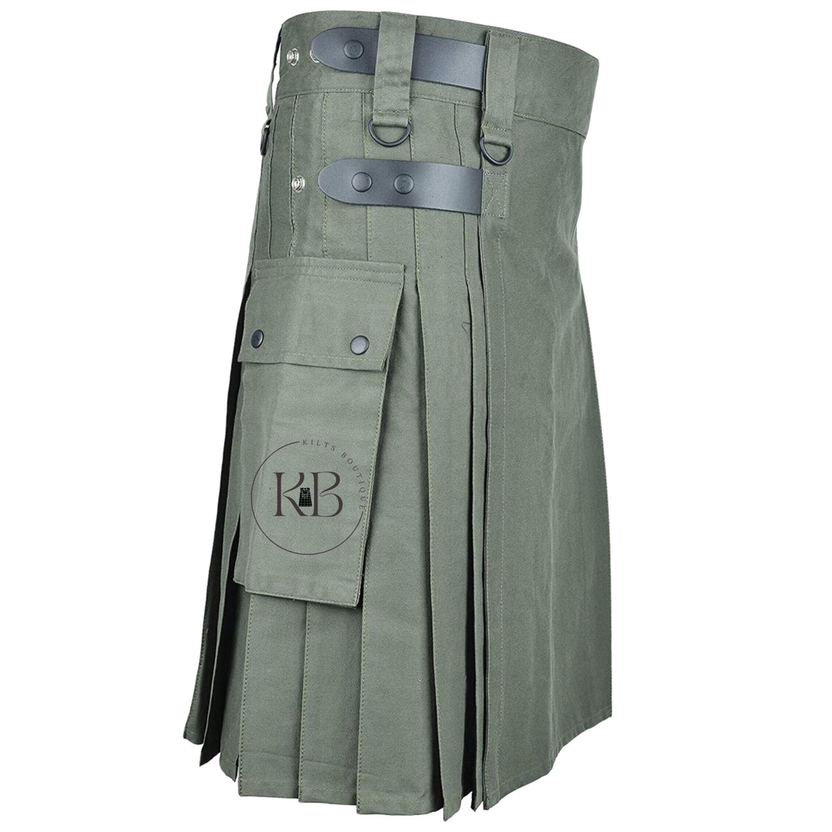 Men's Premium Quality Handmade Olive Green Cotton Utility Kilt Cargo Pockets