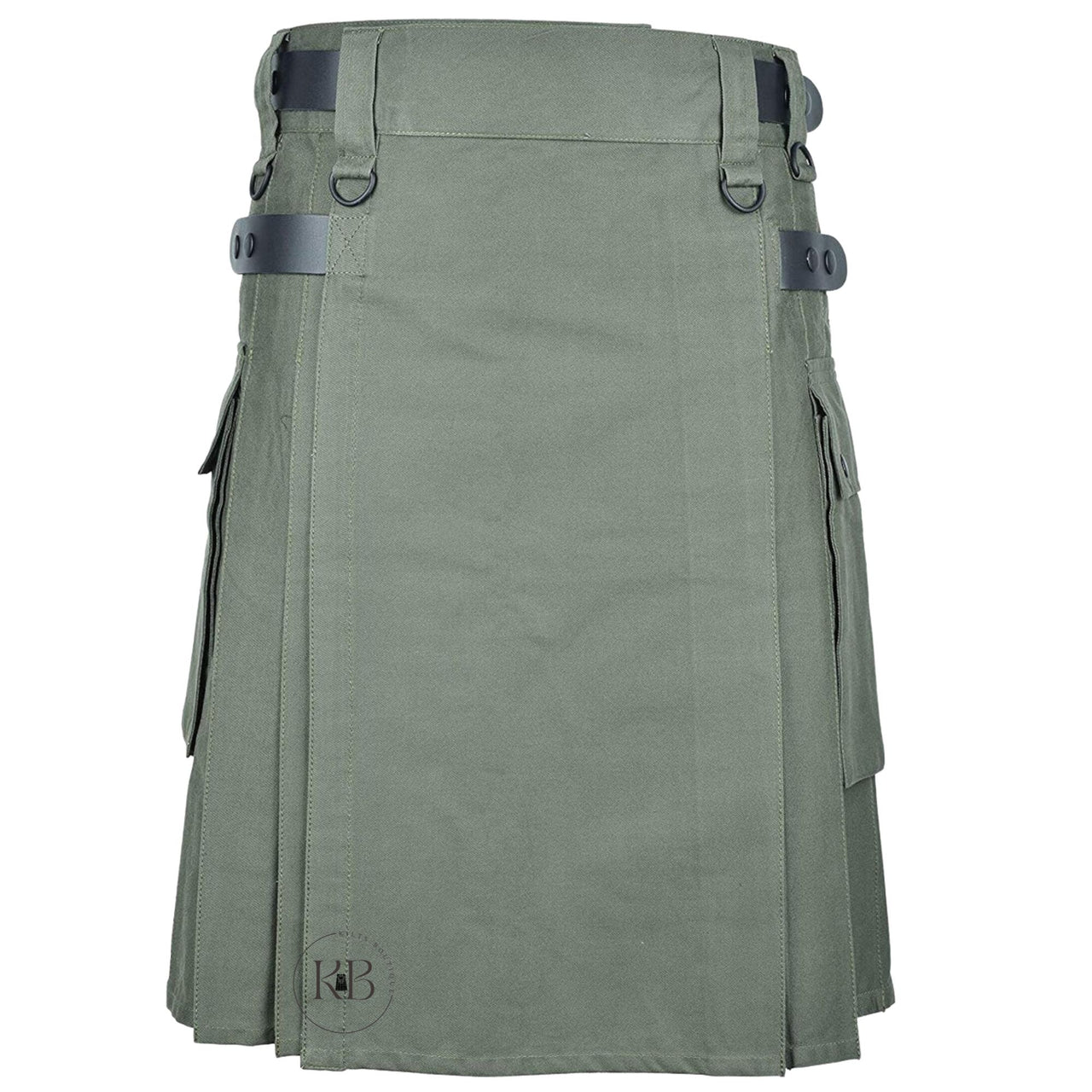 Men's Premium Quality Handmade Olive Green Cotton Utility Kilt Cargo Pockets