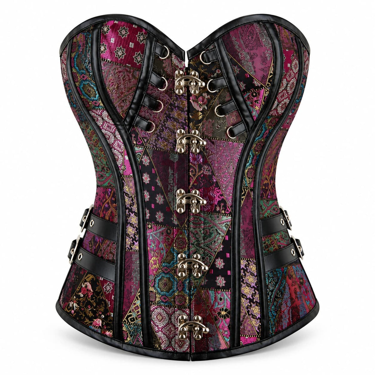 Women’s Purple Patchwork Steampunk Overbust Corset with Buckle Detail