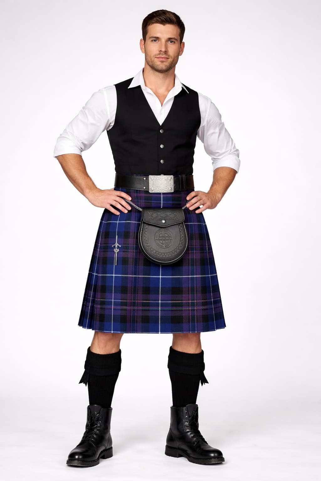 Men’s Scottish Kilt Outfit Set 6 in 1 – Traditional Highland Tartan Kilt, Sporran, Belt & Accessories (UK Stock)