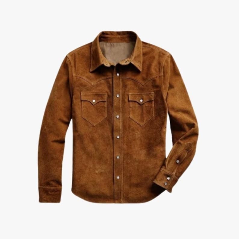 Dark Brown Men's Suede Leather Western Cowboy Shirt Jacket, Vintage Snap Button Western Shirt, Classic Ranch Wear Suede Leather Jacket