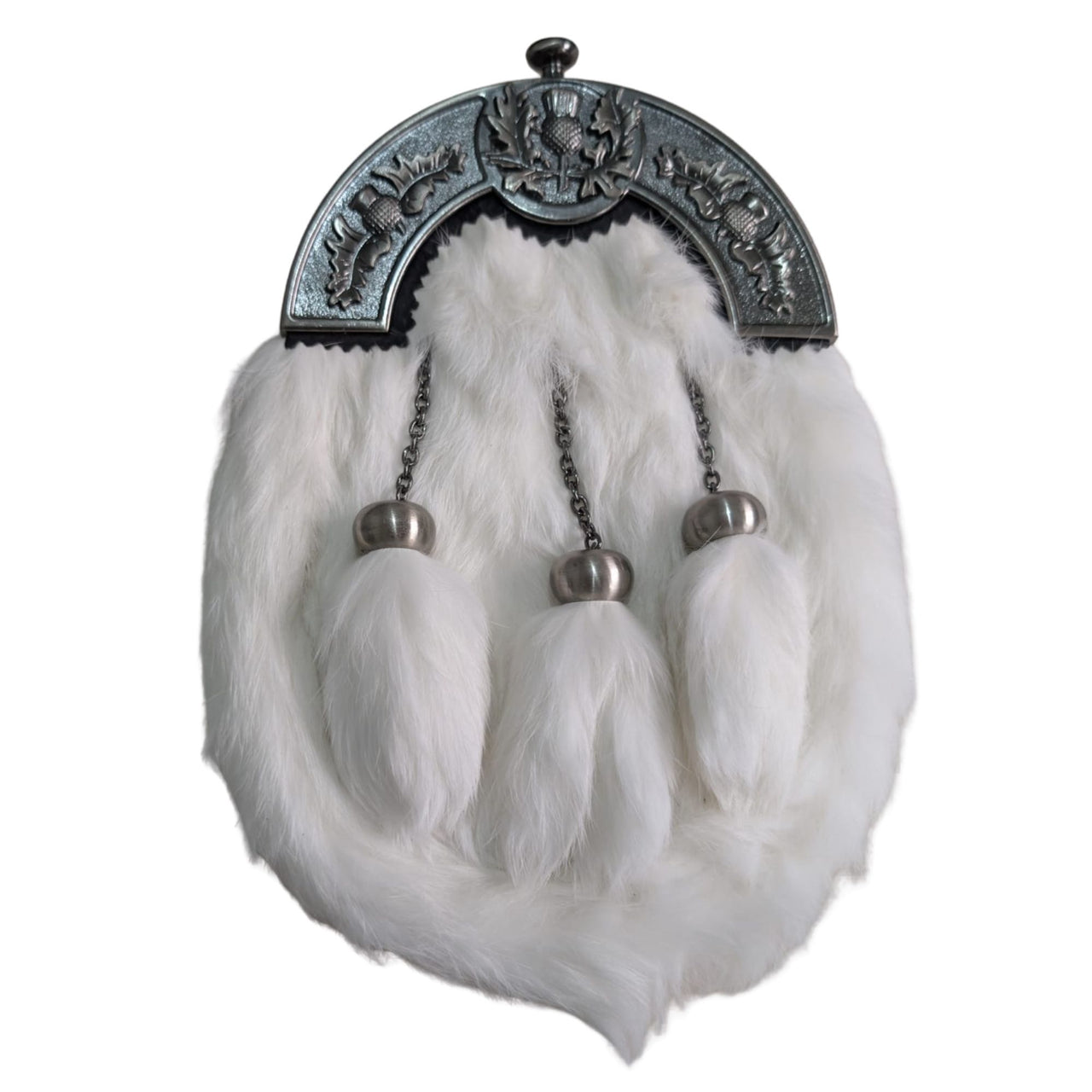 Kilts Boutique Full Dress Sporran, White Rabbit Fur with Antique Thistle Cantle, 3 Tassels and Chain Belt