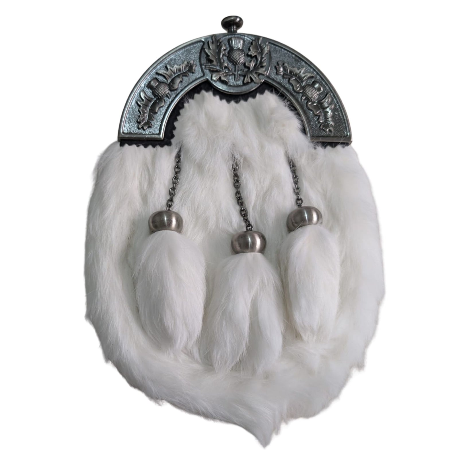 Kilts Boutique Full Dress Sporran, White Rabbit Fur with Antique Thistle Cantle, 3 Tassels and Chain Belt