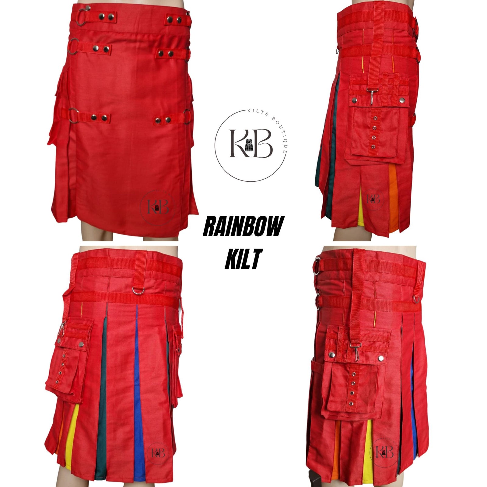 Men's Rainbow Red Cotton Hybrid Kilt Nylon Straps Scottish Utility Colorful Pleats Kilt - Pride Kilt