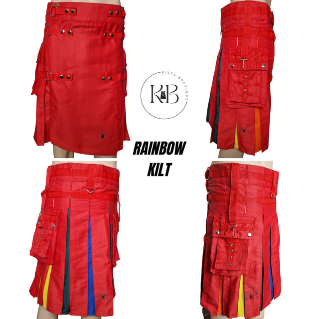 Men's Rainbow Red Cotton Hybrid Kilt Nylon Straps Scottish Utility Colorful Pleats Kilt - Pride Kilt