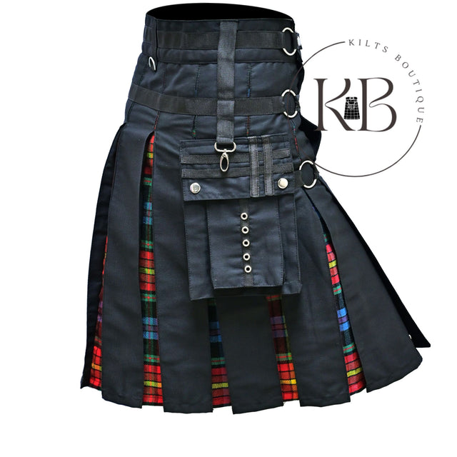 Black LGBT Tartan Utility Hybrid Kilt Pride Kilt Nylon Straps LGBT Black Cotton Kilt