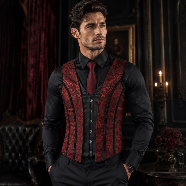 Red Floral Men's Waist Trainer Corset Vest, Vintage Lace-Up Waistcoat with Boning, Gothic Renaissance Steampunk Corset Vest for Men