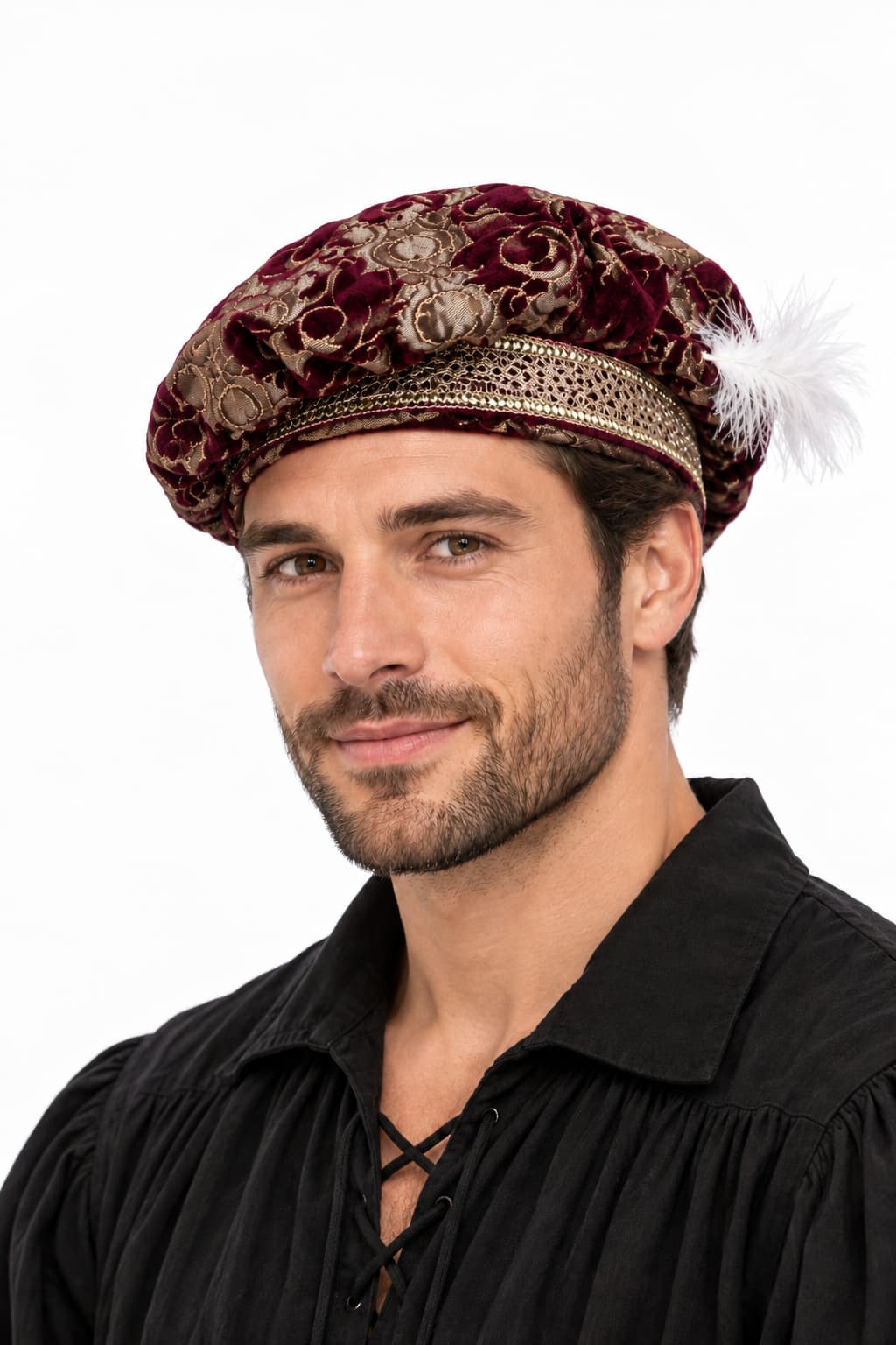 Medieval 15th Century Tudor Brocade Red wine & Gold  Poet Floppy Hat with Feather