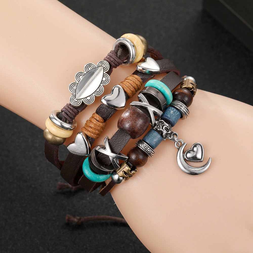 Vintage Gothic Punk Moon Star Metal Multilayer Leather Bracelet Unisex Leaf Bracelets