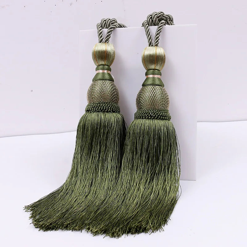 Pair of Large Luxury Curtain Tassels – Decorative Polyester Silk Gold Tiebacks with Tennis-Style Hanging Ear Design for Home & Living Room Drapes