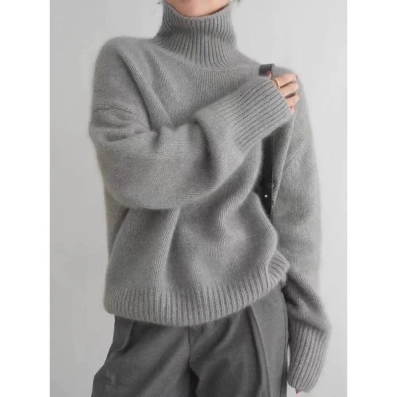 100% Merino Wool Women’s Turtleneck Sweater – Soft Knitted Pullover, Casual Loose Fit,