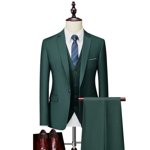 Men’s 3-Piece Slim Fit Suit Set – Blazer, Vest & Pants | Casual Business Solid Color Outfit
