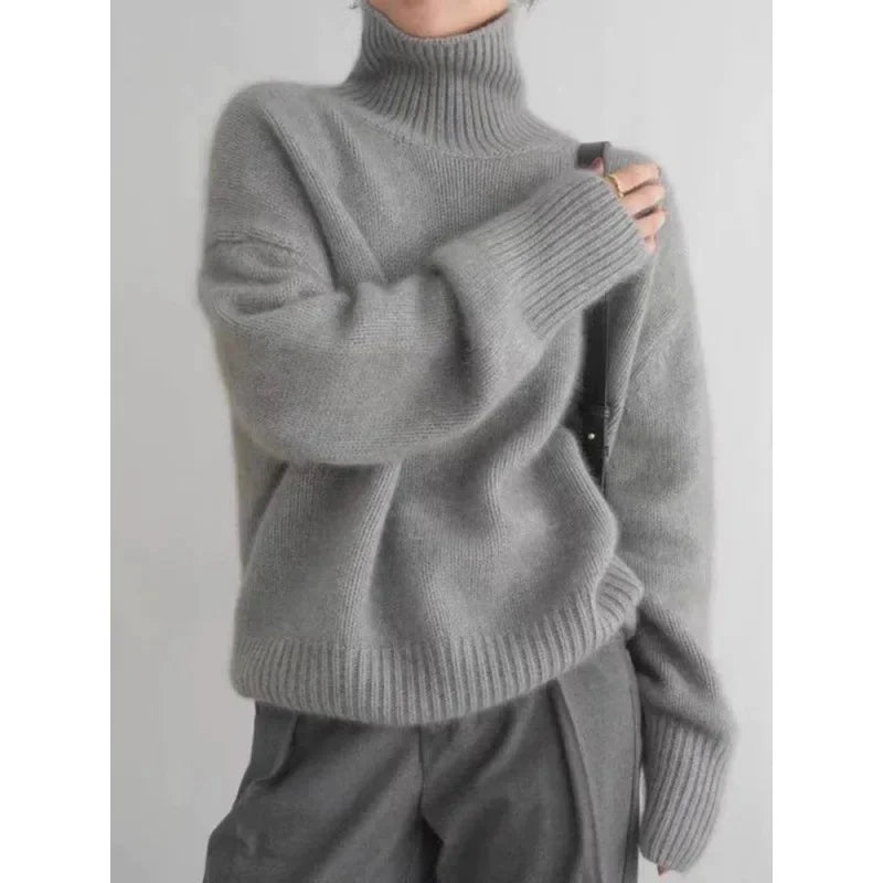 100% Merino Wool Women’s Turtleneck Sweater – Soft Knitted Pullover, Casual Loose Fit,