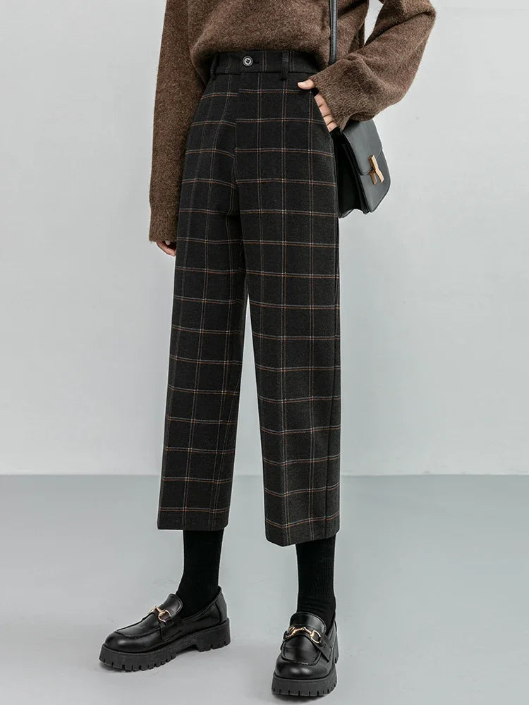 Woolen Plaid Women Formal Straight Pants High Waist Ankle-Length Chic Loose Ladies Pants