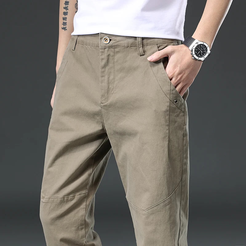 Cotton Cargo Trousers Men Outdoor Fit Straight Solid Color Sweatpants Man