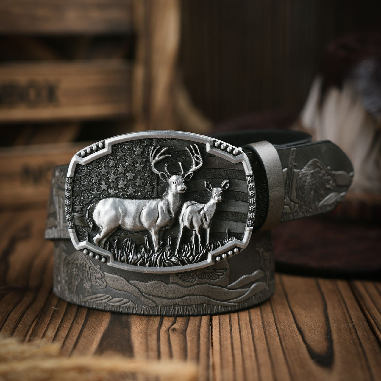 Wild Stag Belt Buckle Bronze Deer Western Cowboy PU Leather Belt