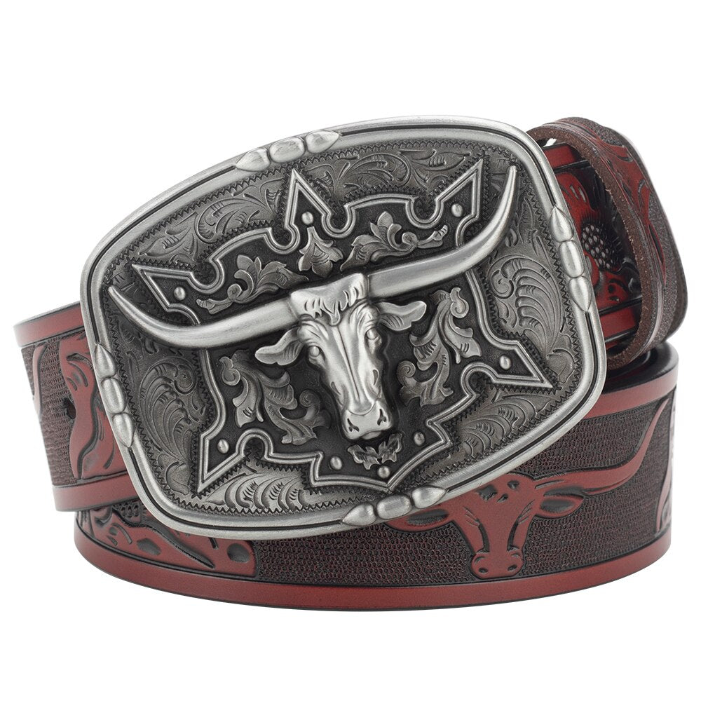 Fashion Men's Belt West Cowboy Genuine Leather Bull Head Buckle