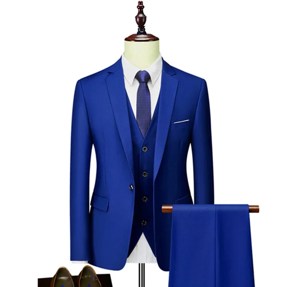 Men’s 3-Piece Slim Fit Suit Set – Blazer, Vest & Pants | Casual Business Solid Color Outfit