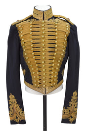 Navy blue military jacket with gold embroidery on a mannequin against a gray background