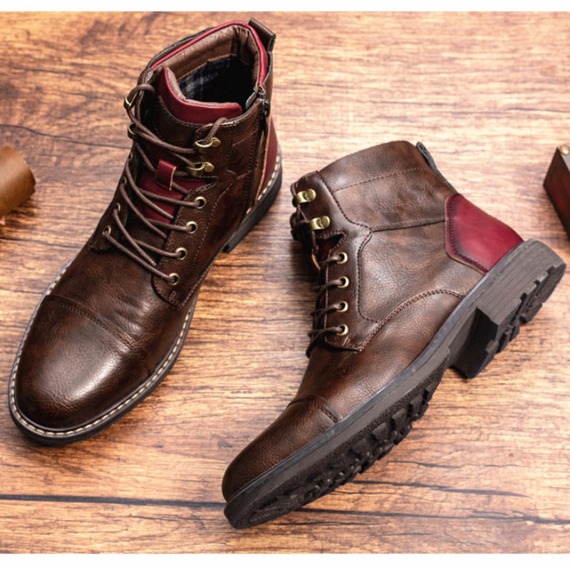 Retro Style Solid Leather Ankle Boots Side Zip Lace Up Round Head