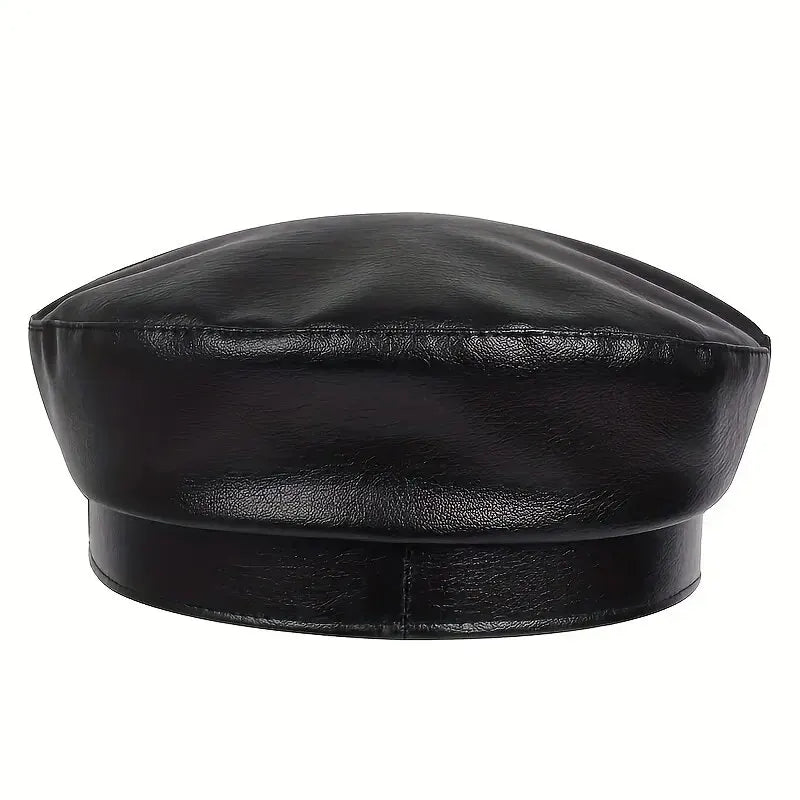 Unisex Leather Military Style Cap – Retro Black Faux Leather Army Hat with Belt Buckle Detail | Adjustable 56–58cm