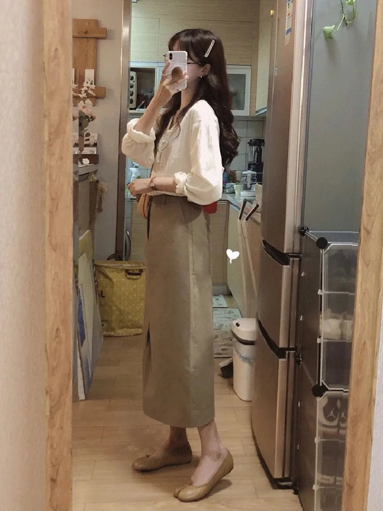 Women's Cotton Long Lantern Sleeve Blouse, Tops, V-neck