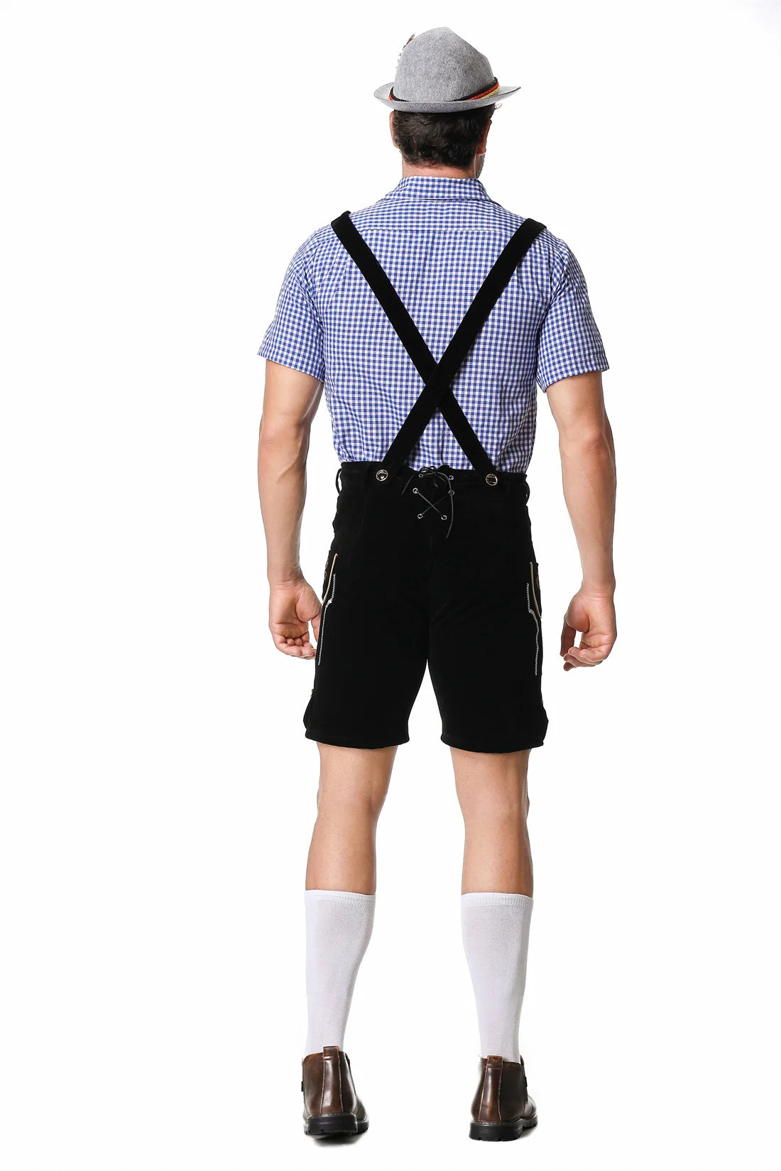 German Oktoberfest Lederhosen Short Sleeve Plaid Shirt Suspenders With Shirt Set & Hat