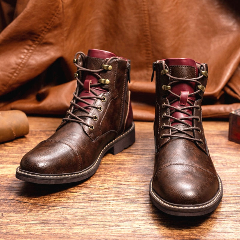Retro Style Solid Leather Ankle Boots Side Zip Lace Up Round Head