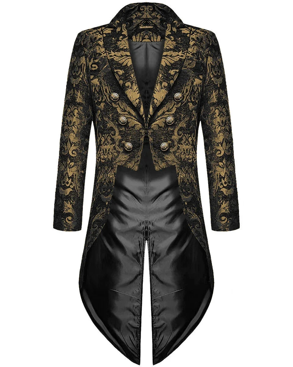 Men's Gothic Victorian Tailcoat – Gold Black Brocade Steampunk Jacket