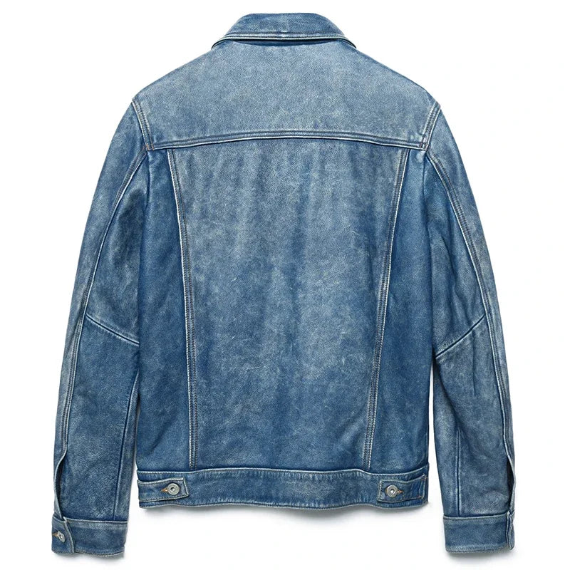 Men’s Genuine Leather Jacket – Vintage Blue Wash, Classic Fit