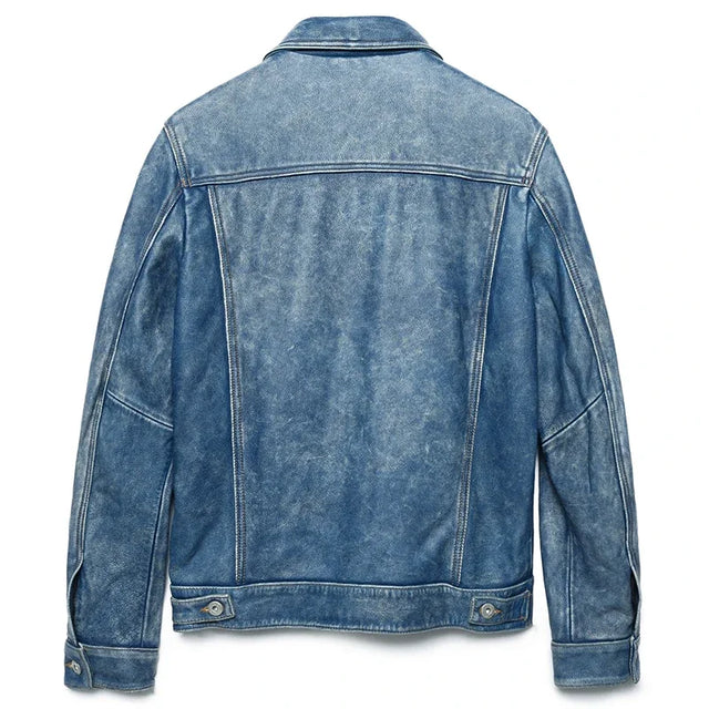 Men’s Genuine Leather Jacket – Vintage Blue Wash, Classic Fit