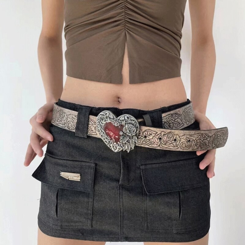 Engraved Flower Detail Heart Decor Belt With Hole Punch